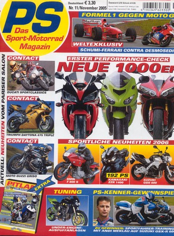 PS 11/2005 – Ducati Desmosedici GP03 mit über 176 kW (240 PS) im Vergleichstest, Kawasaki ZX-10R Ninja mit 129 kW (175 PS) als Neuheit 2006