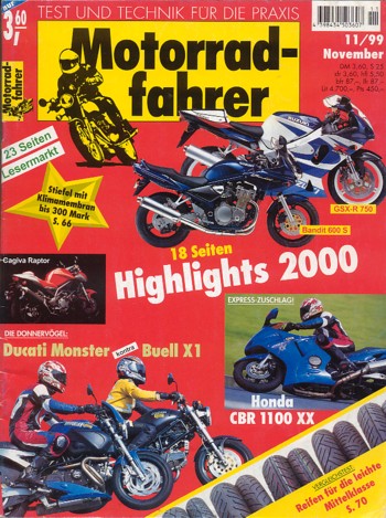 Motorradfahrer 11/1999 – Buell X1 Lightning; Ducati Monster 900 Dark; Honda CBR 1100 XX; Yamaha TDM 850, ab Modell 1991, aus 2. Hand