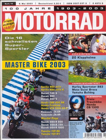 MOTORRAD 11/2003 – Test Ducati Multistrada 1000 DS; Harley-Davidson Sportster 883 Hugger; Moto Guzzi Breva V 750 I.E.