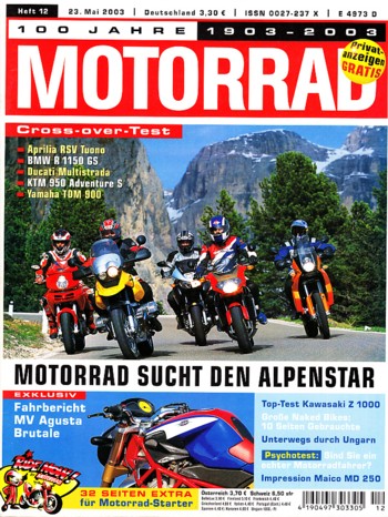 MOTORRAD 12/2003 – Aprilia RSV Mille Tuono; BMW R 1150 GS; Ducati Multistrada 1000 DS; KTM 950 Adventure S