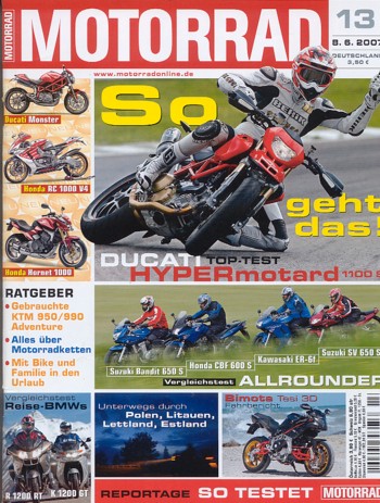 MOTORRAD 13/2007 – Test Ducati Hypermotard 1100 S; Honda CBF 600 S; Suzuki Bandit 650 S; Kawasaki ER-6f
