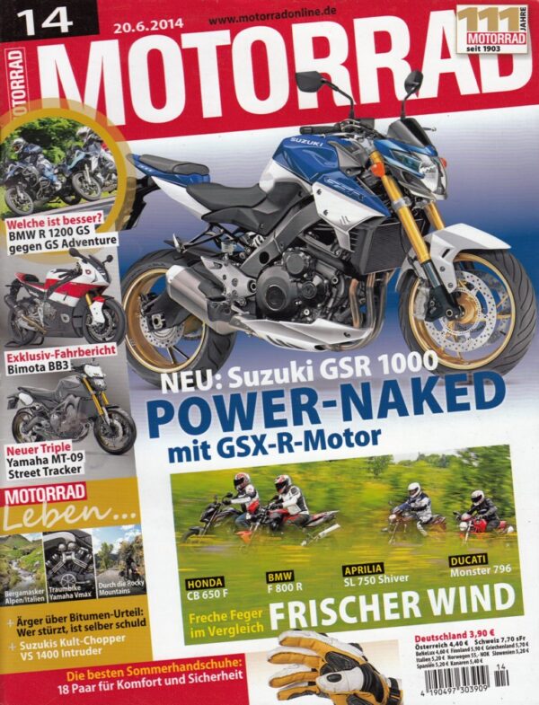 MOTORRAD 14/2014 – Test Bimota BB3; Aprilia SL 750 Shiver; BMW F 800 R; Ducati Monster 796