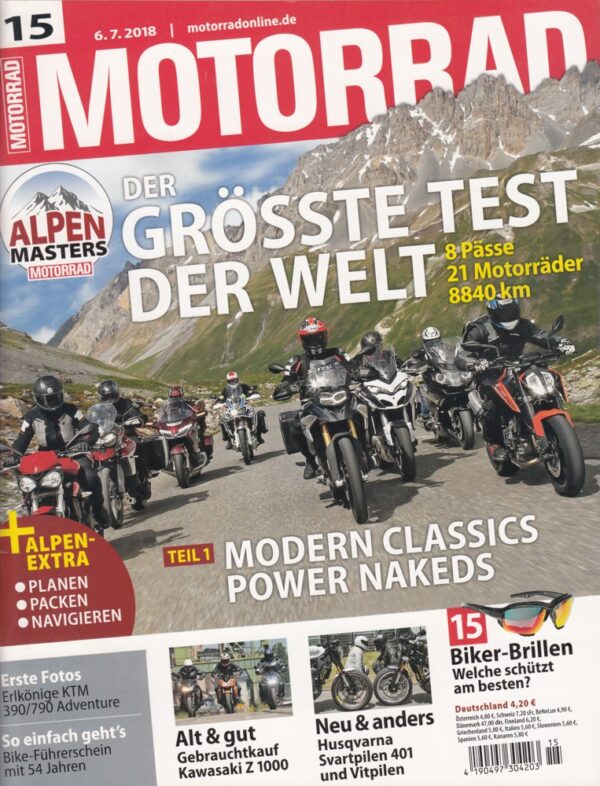 MOTORRAD 15/2018 – Alpen Masters Teil 1, Kawasaki Z 1000, Husqvarna Vitpilen 401