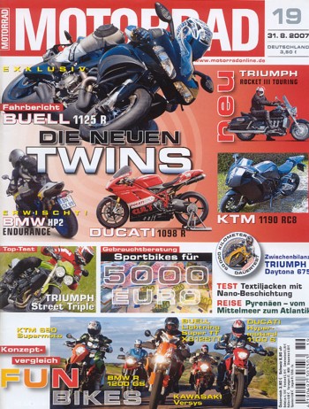 MOTORRAD 19/2007 – Test Buell 1125 R; Test Triumph Street Triple; Buell XB12STT Lightning Super TT; KTM 690 Supermoto