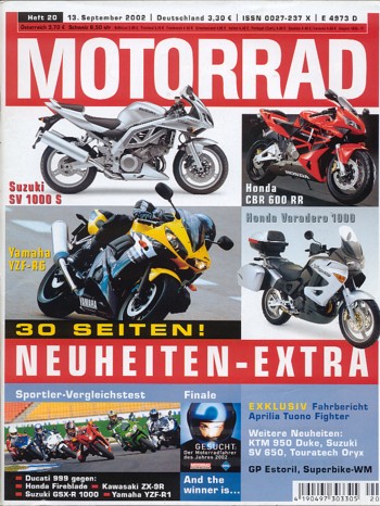 MOTORRAD 20/2002 – Vorstellung Suzuki SV 1000; Vorstellung Suzuki SV 650; Vorstellung Suzuki SV 650 S; Vorstellung Honda CBR 600 RR