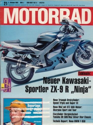 MOTORRAD 21/1993 – Kawasaki ZX-9R Ninja; Yamaha SR 500; MuZ Silver Star Classic 500; Boss Hoss V8