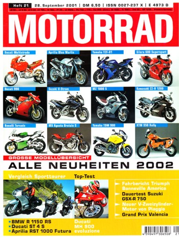 MOTORRAD 21/2001 – Test Ducati MH 900e; Test Triumph Bonneville America; Test Suzuki GSX-R 750; Test VOR EN 400, Test & Technik