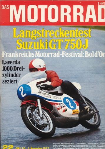 DAS MOTORRAD 22/1972 – Suzuki GT 750 J mit 38 kW (52 PS) nach dem Langstreckentest; Laverda 1000, der Dreizylindermotor, seziert