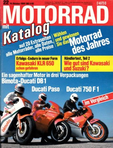 MOTORRAD 22/1986 – Bimota DB1 mit 52 kW (70 PS) im Vergleichstest; Ducati 750 F1 mit 52 kW (70 PS) im Vergleichstest
