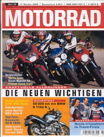 MOTORRAD 22/2002 – Aprilia Tuono; Ducati Monster S4; Triumph Speed Triple; Test Kawasaki ZZ-R 1200