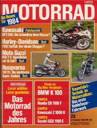 MOTORRAD 23/1983 – Test Kawasaki GPZ 550 mit 48 kW (65 PS) im Test; Test Harley-Davidson Softail mit 47 kW (64 PS) Test & Technik
