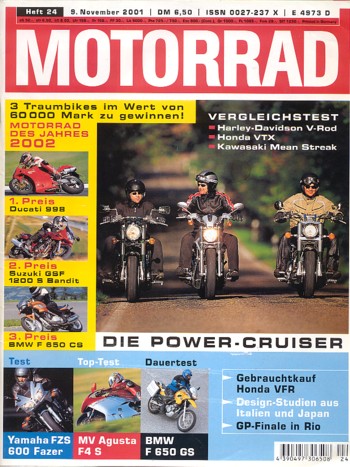 MOTORRAD 24/2001 – Harley-Davidson V-Rod; Honda VTX 1800; Kawasaki VN 1500 Mean Streak; Test BMW F 650 GS
