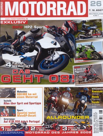 MOTORRAD 26/2007 – Test BMW HP2 Sport; Test BMW R 1200 GS Adventure; Test Honda CBF 600 S; Test Kawasaki Ninja ZX-10R