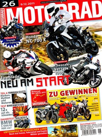 MOTORRAD 26/2011 – Test Kawasaki Versys 1000; Test Honda Fireblade; Test BMW S 1000 RR; Test Honda NC 700 X