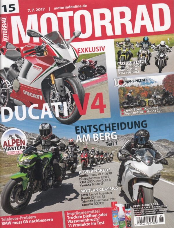 MOTORRAD 15/2017 – Ducati V4 exklusiv, Alpen Masters, Teil 1, Entscheidung am Berg, Japan-Spezial