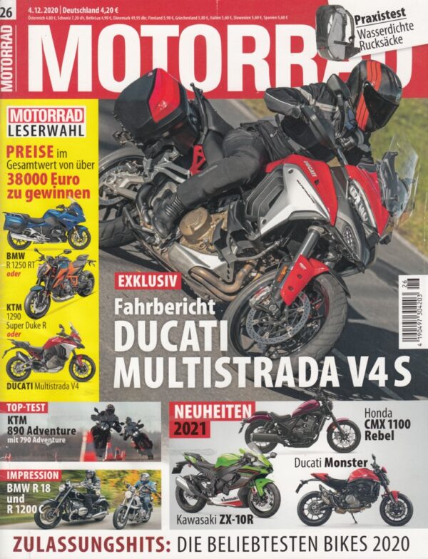 MOTORRAD 26/2020 – Ducati Multistrada V4 S, KTM 890 Adventure, Kawasaki ZX-10R, Monster, Rebel