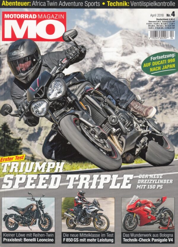 04 MO 4/2018 – Testberichte Triumph Speed Triple, BMW F 750 / 850 GS, Ducati Panigale V4